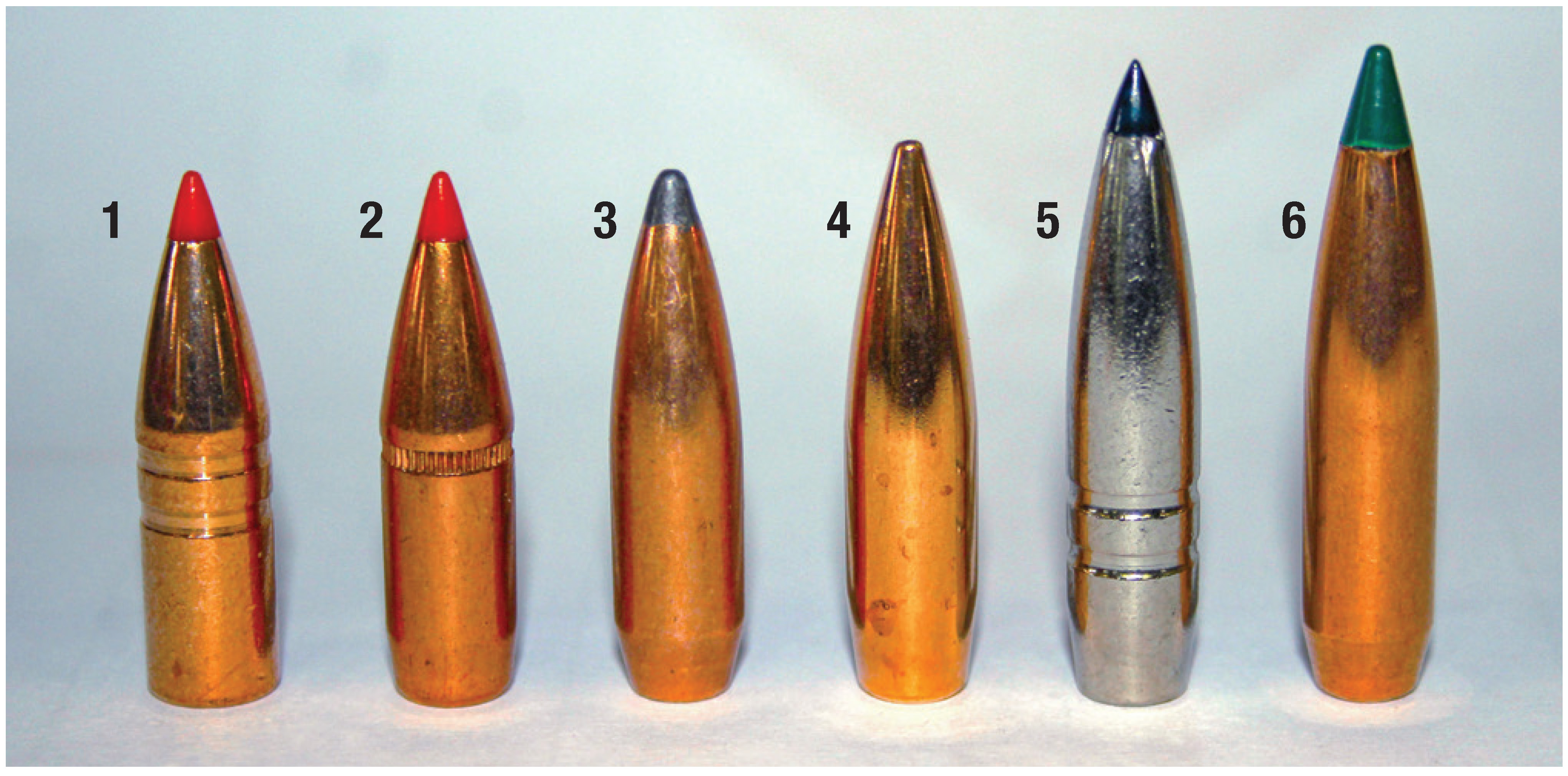 Bullets used to assemble 270 Winchester handloads included: (1) Hornady 100-grain GMX, (2) Hornady 120-grain SST, (3) Sierra 130-grain SBT GameKing, (4) Berger 130-grain VLD Hunting, (5) Federal Premium 136-grain Terminal Ascent and (6) Sierra Tipped GameKing.